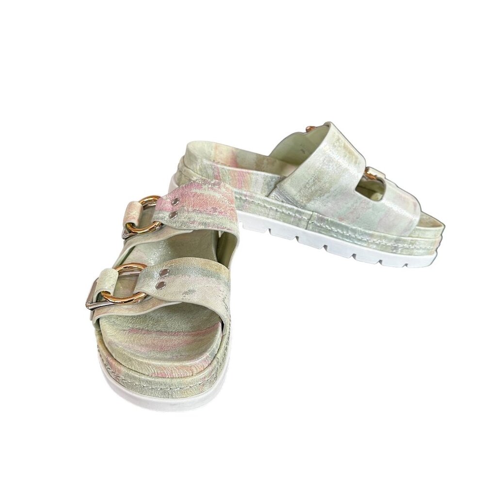 J/Slides NYC Pink Green Iridescent Double Buckle Slide Platform Sandals 9.5